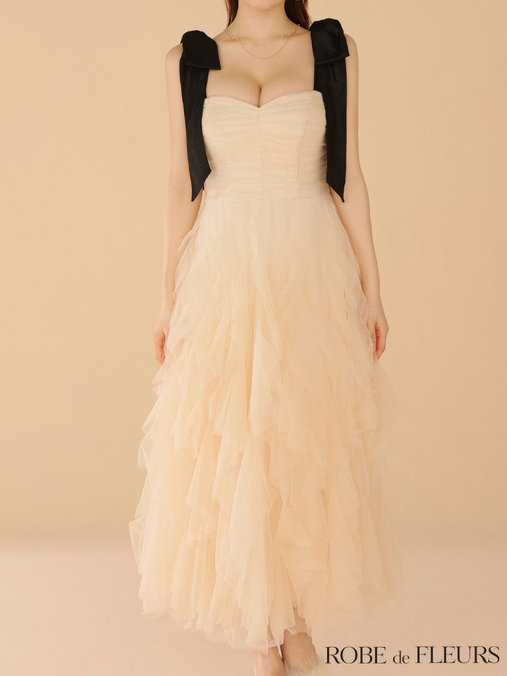 ROBE de FLEURS ローブドフルール ボリュームチュールショルダーリボンフレアロングドレス fm3463