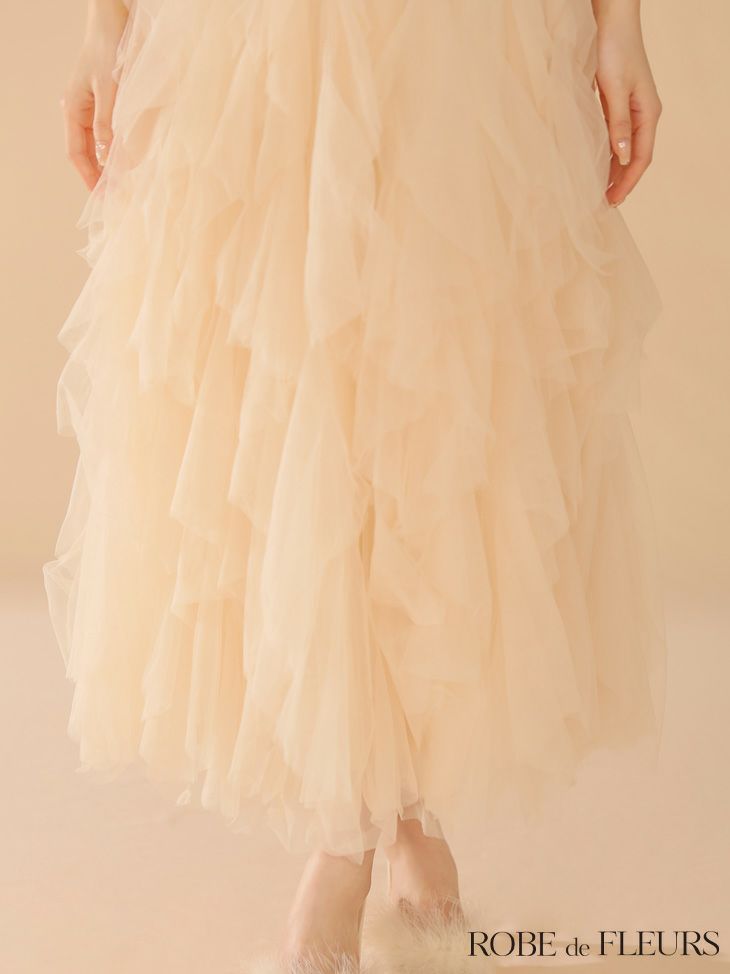 ROBE de FLEURS ローブドフルール ボリュームチュールショルダーリボンフレアロングドレス fm3463