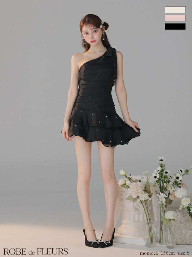 ROBE de FLEURS ローブドフルール サテンワンショルダーリボンティアードフレアミニキャバドレス fm4322