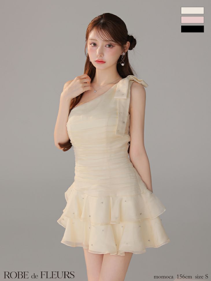 ROBE de FLEURS ローブドフルール サテンワンショルダーリボンティアードフレアミニキャバドレス fm4322