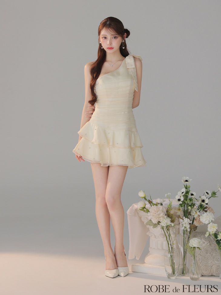 ROBE de FLEURS ローブドフルール サテンワンショルダーリボンティアードフレアミニキャバドレス fm4322