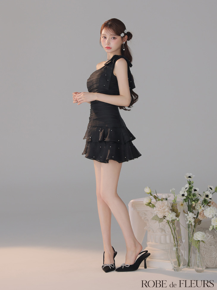 ROBE de FLEURS ローブドフルール サテンワンショルダーリボンティアードフレアミニキャバドレス fm4322