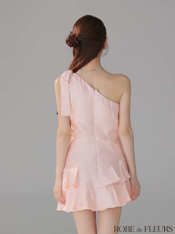 ROBE de FLEURS ローブドフルール サテンワンショルダーリボンティアードフレアミニキャバドレス fm4322
