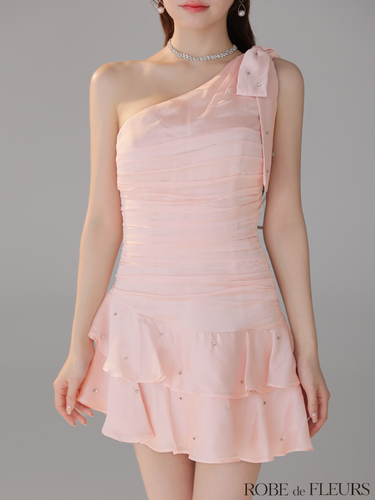 ROBE de FLEURS ローブドフルール サテンワンショルダーリボンティアードフレアミニキャバドレス fm4322