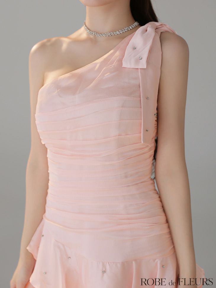 ROBE de FLEURS ローブドフルール サテンワンショルダーリボンティアードフレアミニキャバドレス fm4322