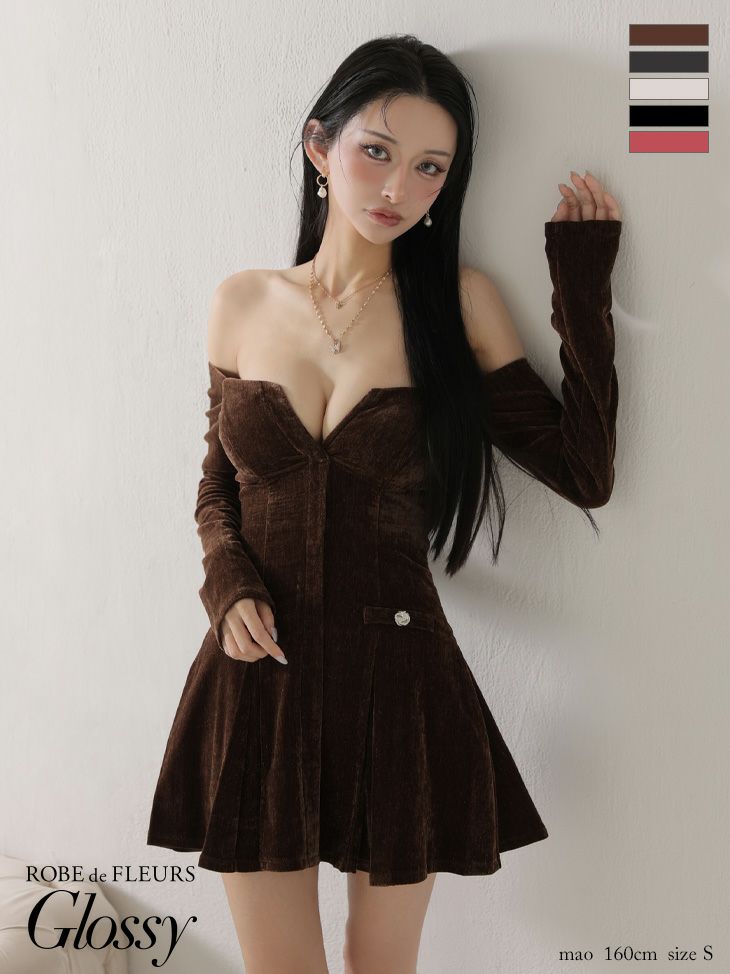 Glossy ローブドフルールグロッシー 【XS～Lサイズあり】オフショルロングスリーブラメニットフレアミニキャバドレス gl4123