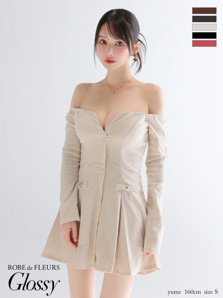 Glossy ローブドフルールグロッシー 【XS～Lサイズあり】オフショルロングスリーブラメニットフレアミニキャバドレス gl4123