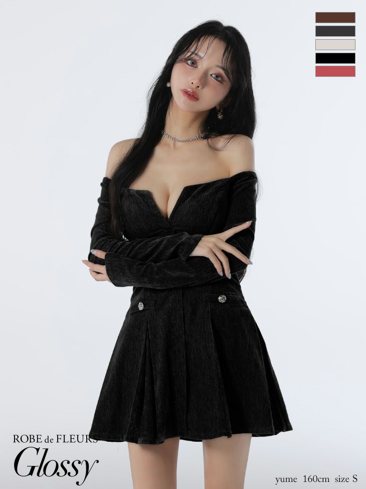Glossy ローブドフルールグロッシー 【XS～Lサイズあり】オフショルロングスリーブラメニットフレアミニキャバドレス gl4123