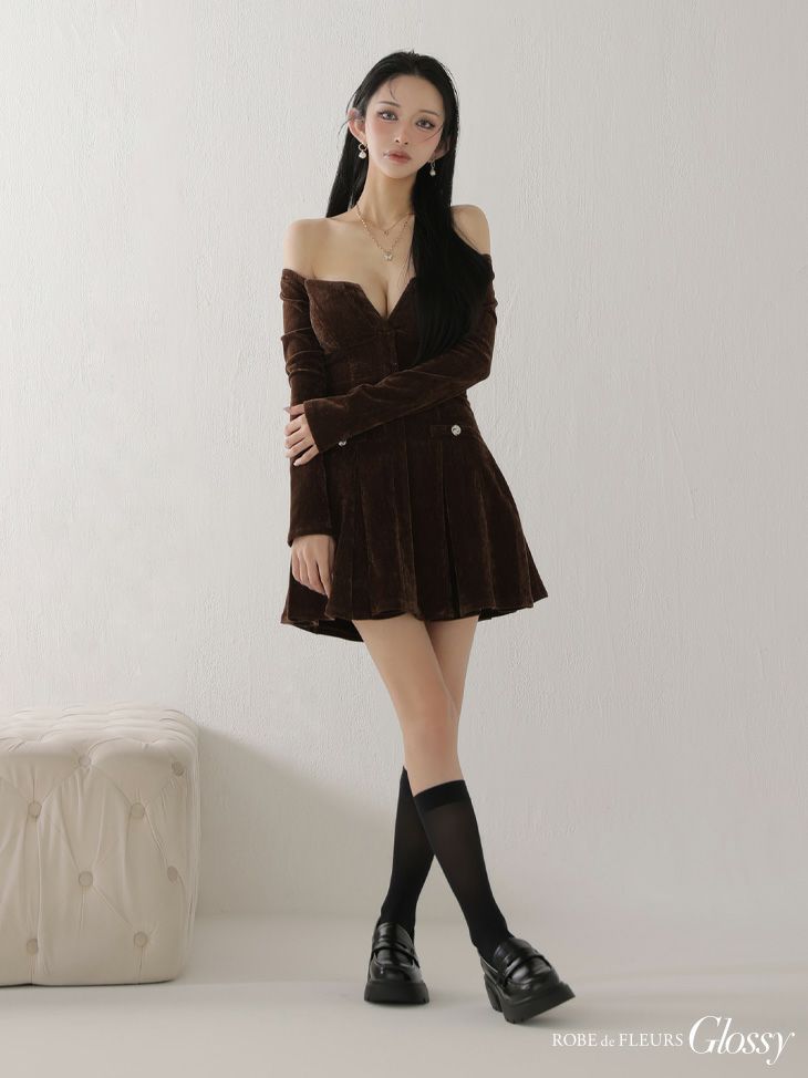 Glossy ローブドフルールグロッシー 【XS～Lサイズあり】オフショルロングスリーブラメニットフレアミニキャバドレス gl4123