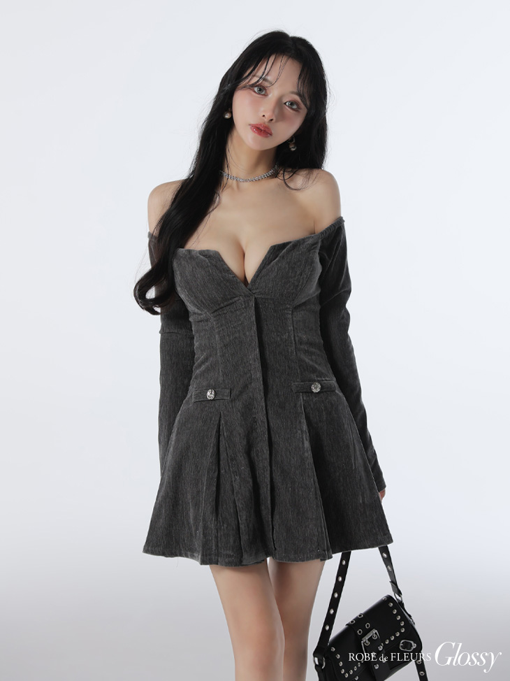 Glossy ローブドフルールグロッシー 【XS～Lサイズあり】オフショルロングスリーブラメニットフレアミニキャバドレス gl4123