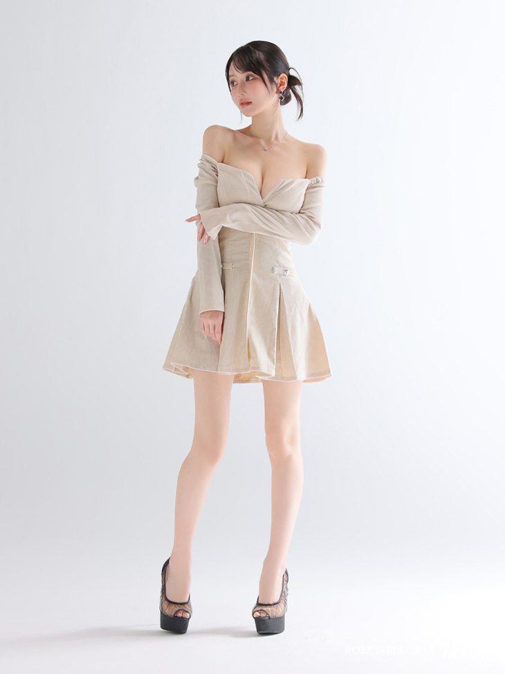 Glossy ローブドフルールグロッシー 【XS～Lサイズあり】オフショルロングスリーブラメニットフレアミニキャバドレス gl4123