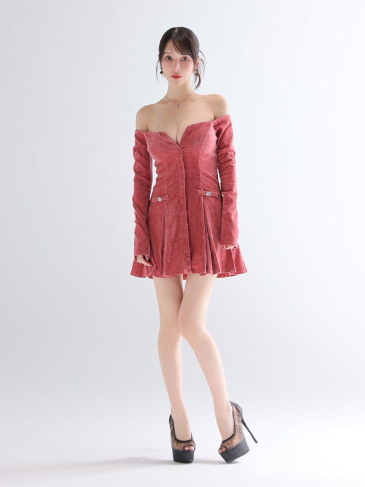 Glossy ローブドフルールグロッシー 【XS～Lサイズあり】オフショルロングスリーブラメニットフレアミニキャバドレス gl4123