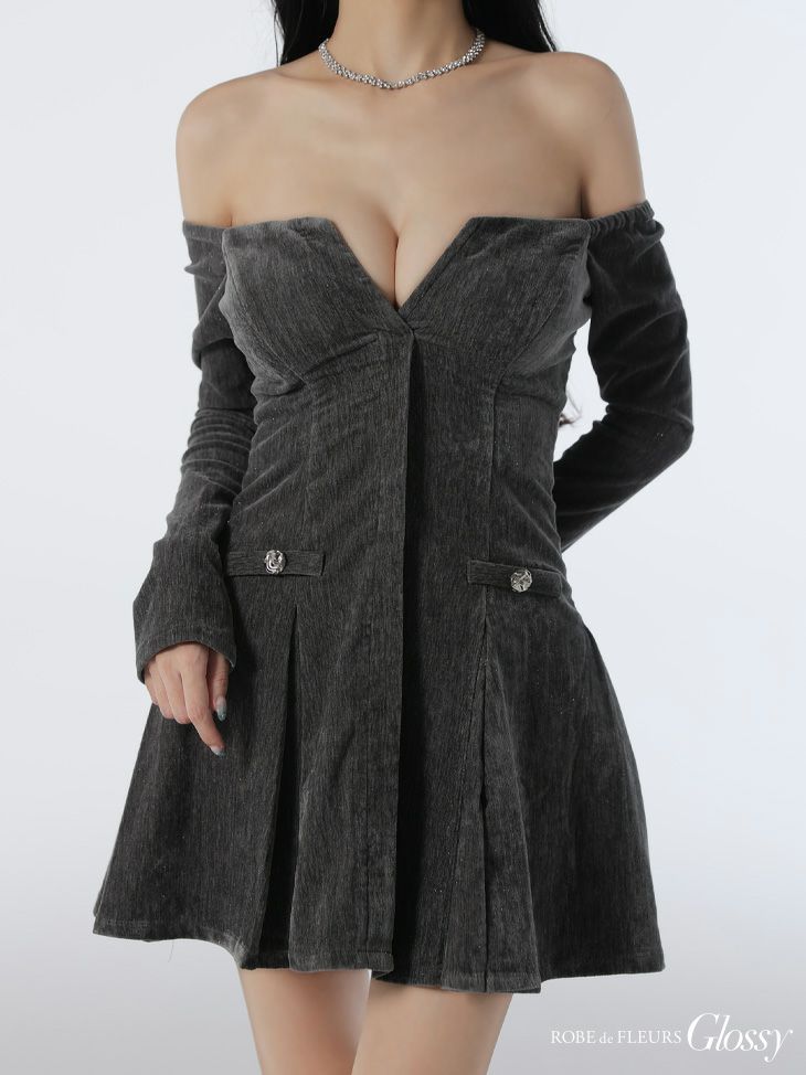 Glossy ローブドフルールグロッシー 【XS～Lサイズあり】オフショルロングスリーブラメニットフレアミニキャバドレス gl4123