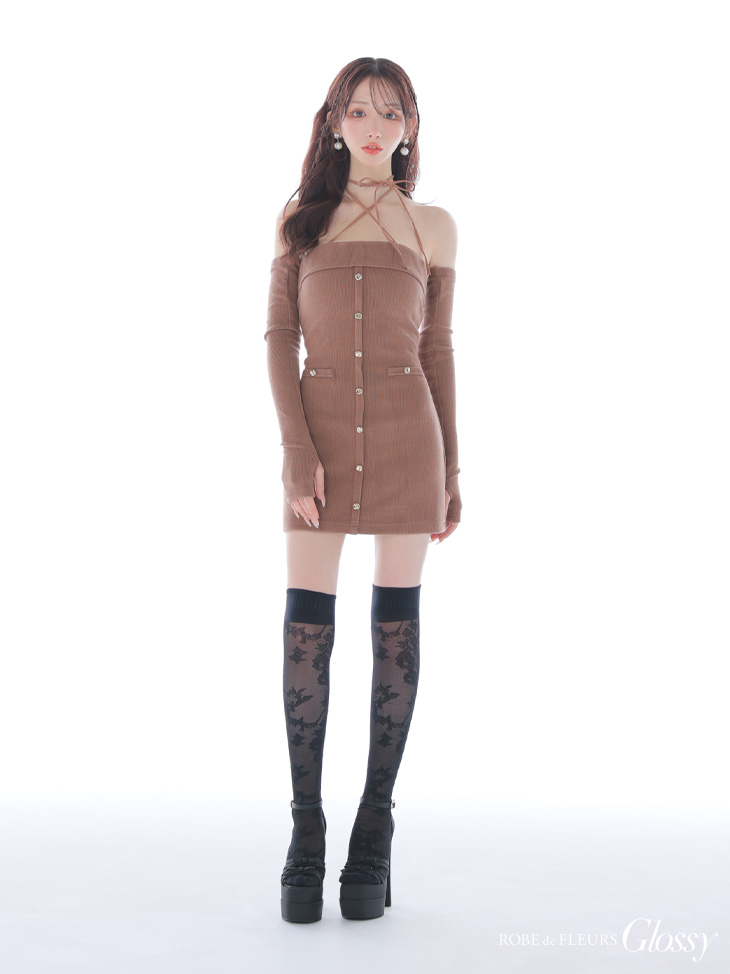 Glossy ローブドフルールグロッシー 【XSサイズあり】アームウォーマー付きリブニットフロントボタンタイトミニミニキャバドレス gl4321