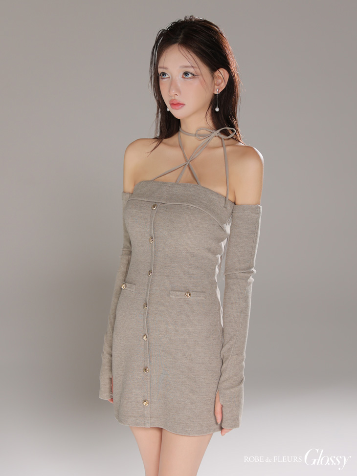 Glossy ローブドフルールグロッシー 【XSサイズあり】アームウォーマー付きリブニットフロントボタンタイトミニミニキャバドレス gl4321