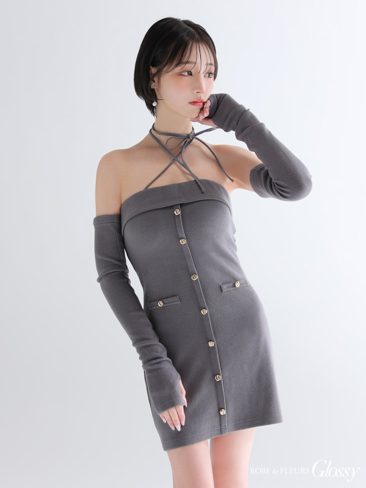Glossy ローブドフルールグロッシー 【XSサイズあり】アームウォーマー付きリブニットフロントボタンタイトミニミニキャバドレス gl4321