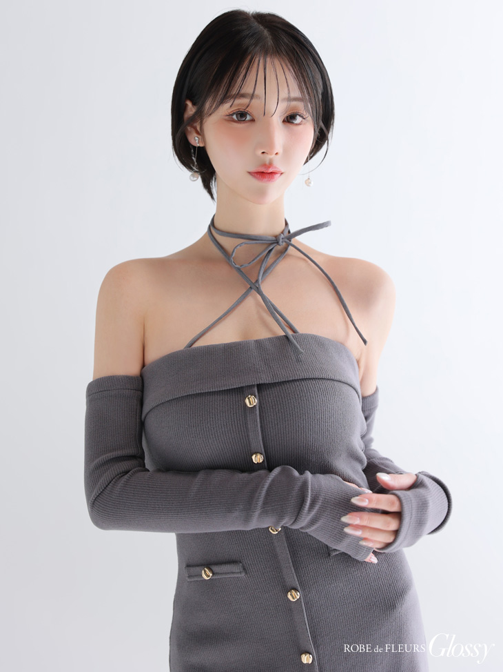 Glossy ローブドフルールグロッシー 【XSサイズあり】アームウォーマー付きリブニットフロントボタンタイトミニミニキャバドレス gl4321