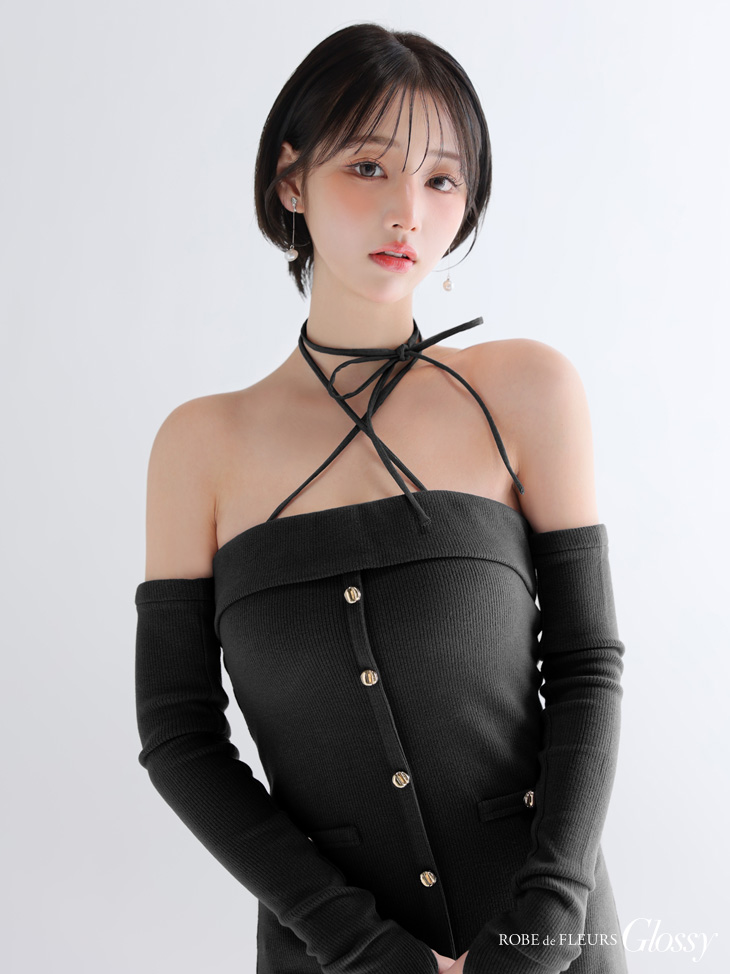 Glossy ローブドフルールグロッシー 【XSサイズあり】アームウォーマー付きリブニットフロントボタンタイトミニミニキャバドレス gl4321