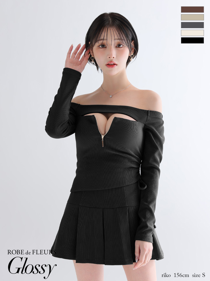 Glossy ローブドフルールグロッシー 【XSサイズあり】オフショルダーロングスリーブバストカットフレアミニキャバドレス gl4138-c