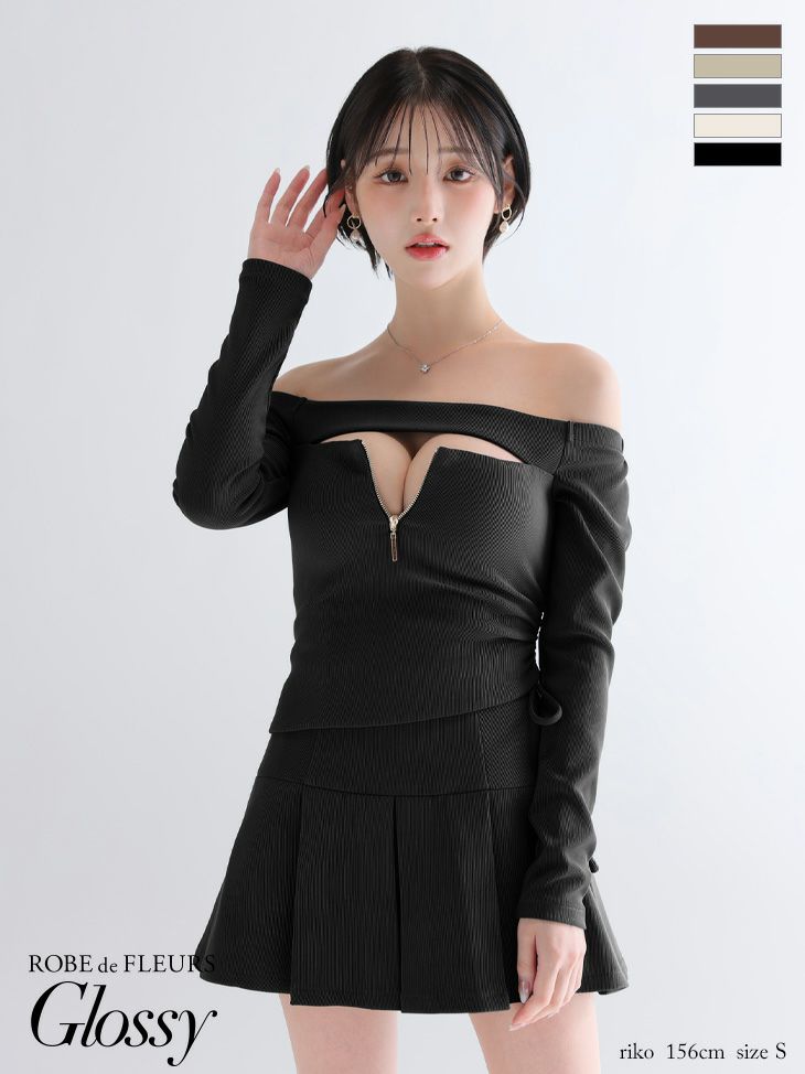 Glossy ローブドフルールグロッシー 【XSサイズあり】オフショルダーロングスリーブバストカットフレアミニキャバドレス gl4138-c