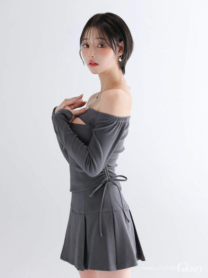 Glossy ローブドフルールグロッシー 【XSサイズあり】オフショルダーロングスリーブバストカットフレアミニキャバドレス gl4138-c