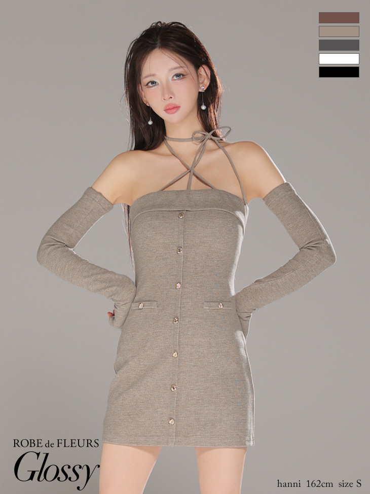 Glossy ローブドフルールグロッシー 【XSサイズあり】アームウォーマー付きリブニットフロントボタンタイトミニミニキャバドレス gl4321-c