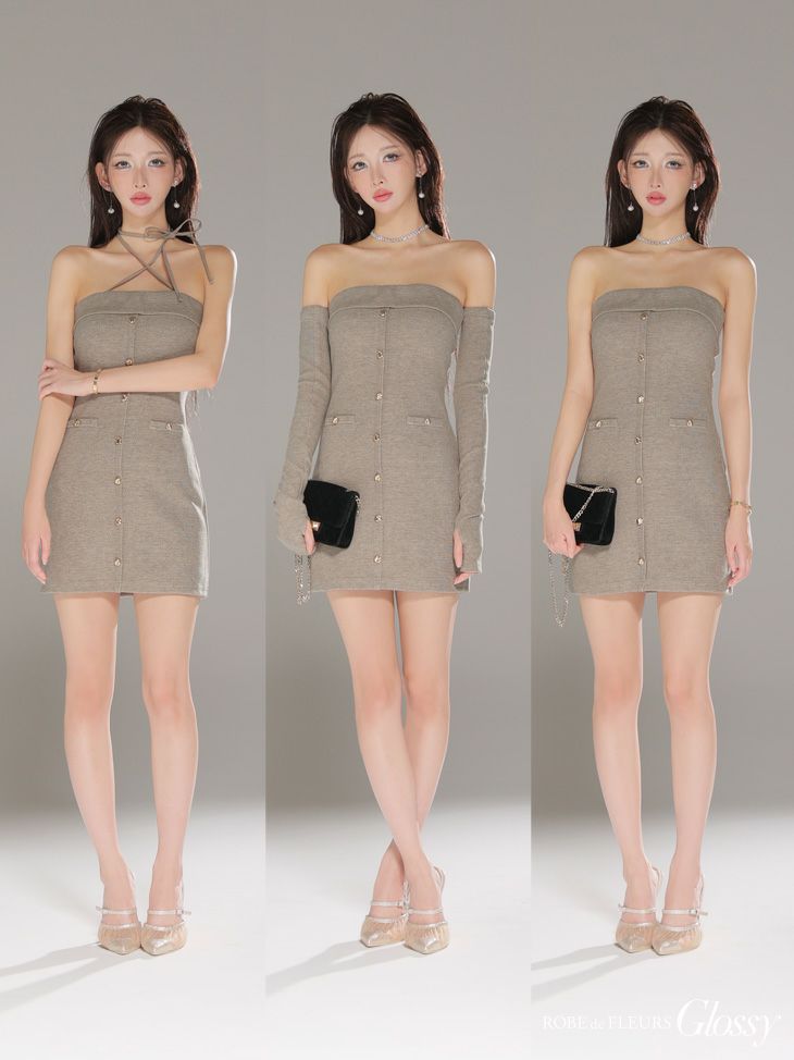 Glossy ローブドフルールグロッシー 【XSサイズあり】アームウォーマー付きリブニットフロントボタンタイトミニミニキャバドレス gl4321-c
