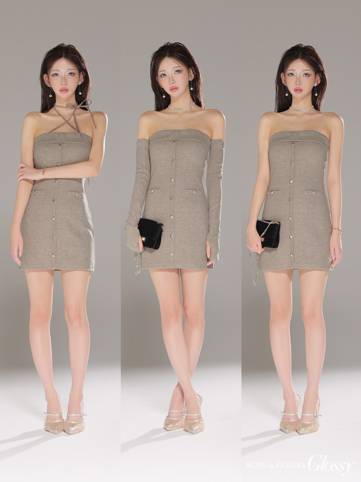Glossy ローブドフルールグロッシー 【XSサイズあり】アームウォーマー付きリブニットフロントボタンタイトミニミニキャバドレス gl4321-c