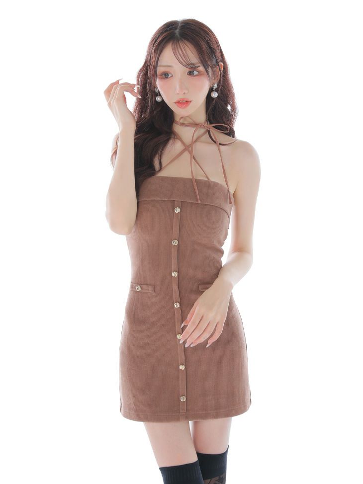 Glossy ローブドフルールグロッシー 【XSサイズあり】アームウォーマー付きリブニットフロントボタンタイトミニミニキャバドレス gl4321-c