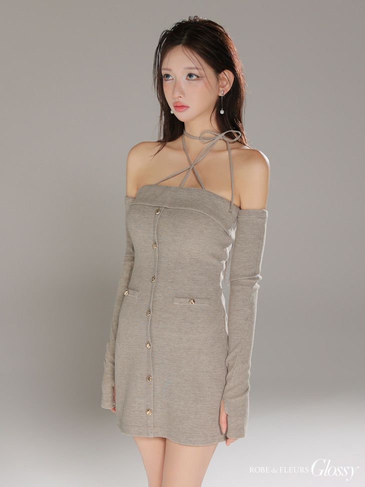 Glossy ローブドフルールグロッシー 【XSサイズあり】アームウォーマー付きリブニットフロントボタンタイトミニミニキャバドレス gl4321-c