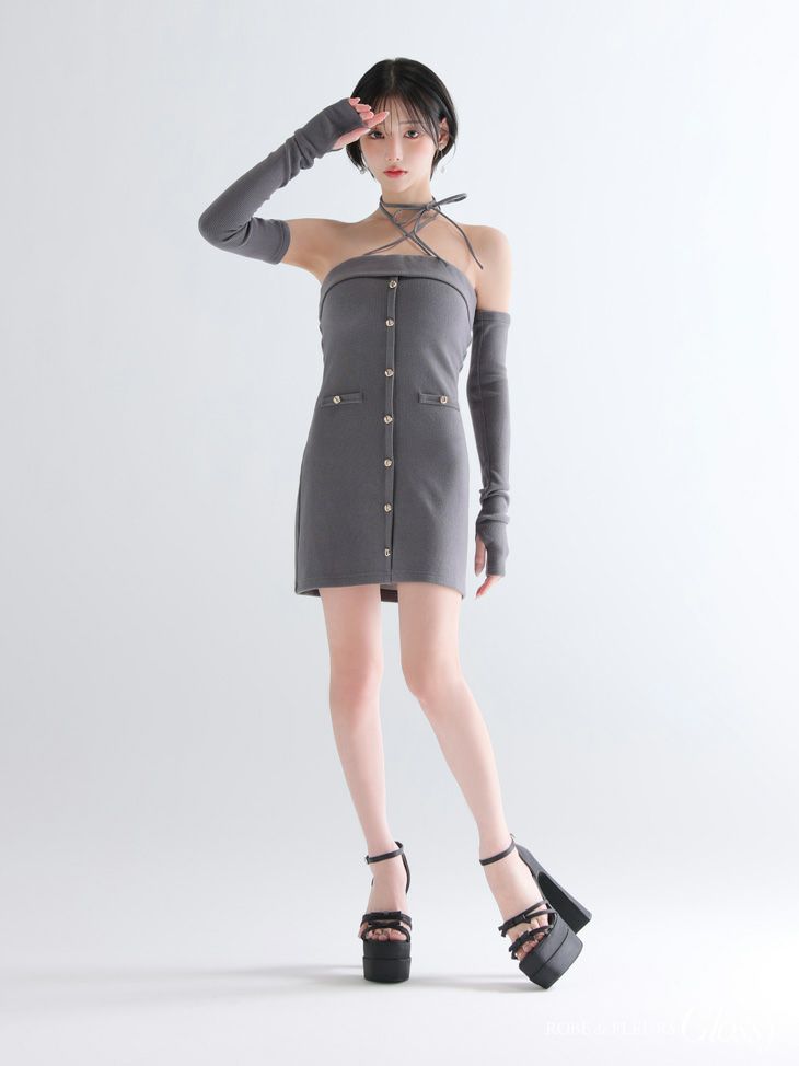 Glossy ローブドフルールグロッシー 【XSサイズあり】アームウォーマー付きリブニットフロントボタンタイトミニミニキャバドレス gl4321-c