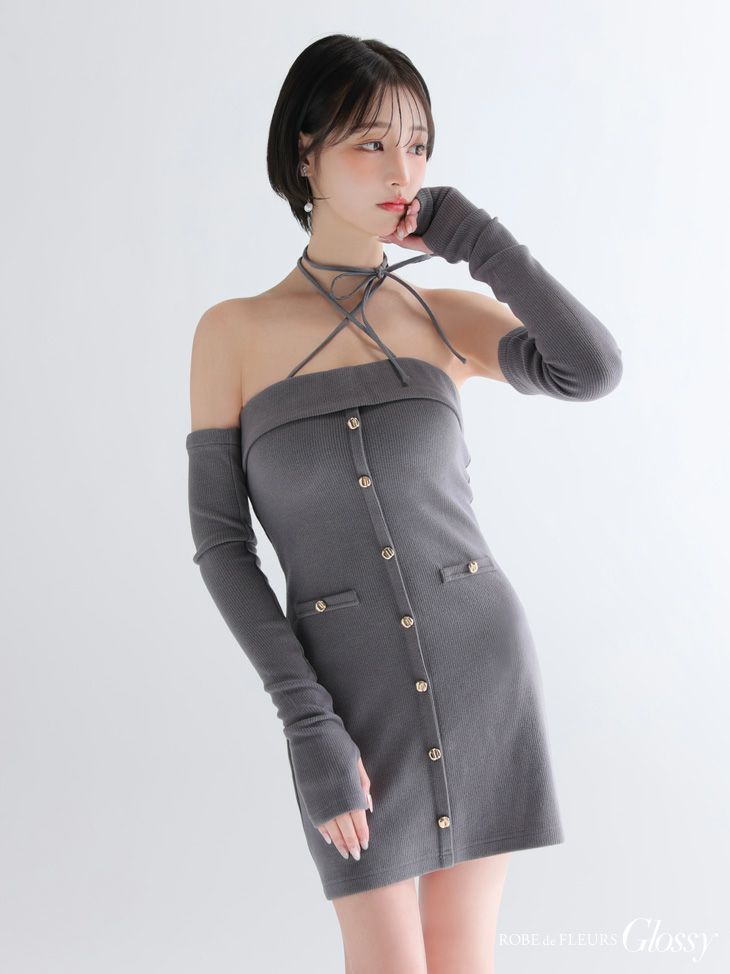 Glossy ローブドフルールグロッシー 【XSサイズあり】アームウォーマー付きリブニットフロントボタンタイトミニミニキャバドレス gl4321-c