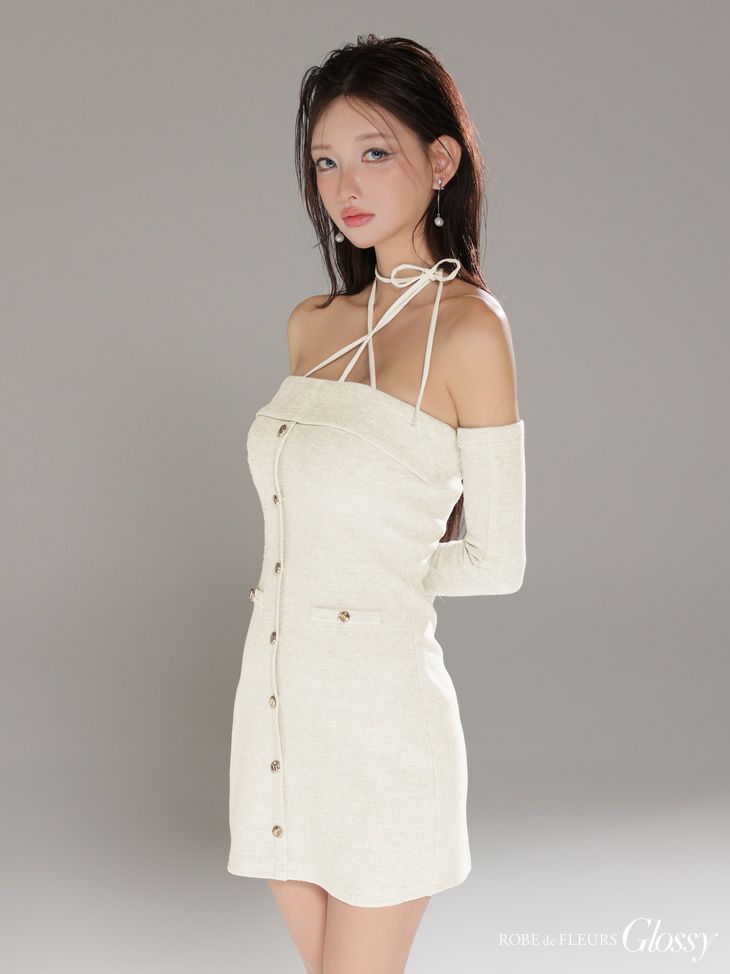 Glossy ローブドフルールグロッシー 【XSサイズあり】アームウォーマー付きリブニットフロントボタンタイトミニミニキャバドレス gl4321-c