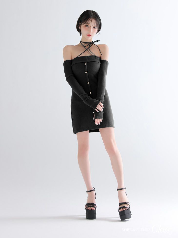 Glossy ローブドフルールグロッシー 【XSサイズあり】アームウォーマー付きリブニットフロントボタンタイトミニミニキャバドレス gl4321-c