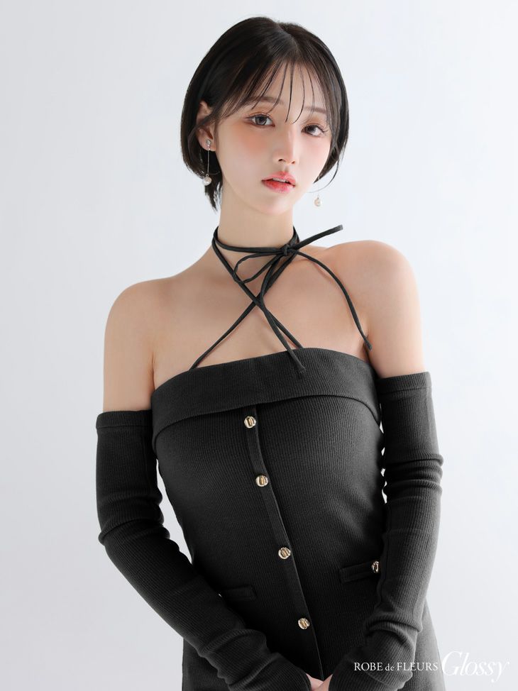 Glossy ローブドフルールグロッシー 【XSサイズあり】アームウォーマー付きリブニットフロントボタンタイトミニミニキャバドレス gl4321-c