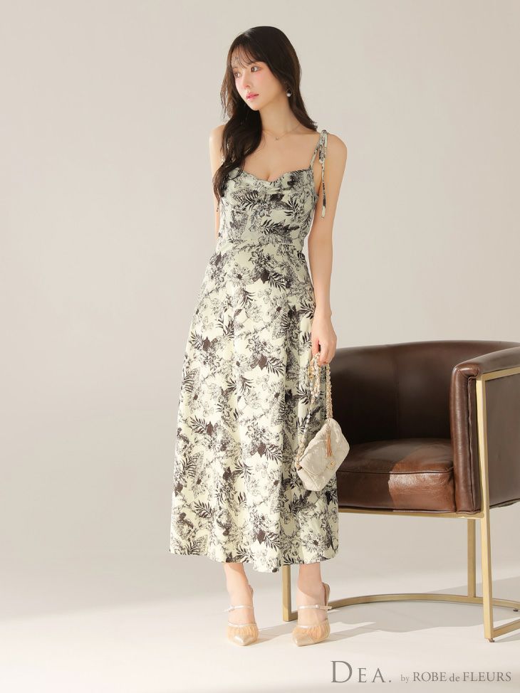 DEA. ディア バイ ローブドフルール 【Lサイズあり】花柄サテンショルダーリボンフレアロングキャバドレス de4603-c