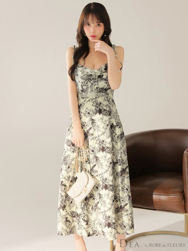 DEA. ディア バイ ローブドフルール 【Lサイズあり】花柄サテンショルダーリボンフレアロングキャバドレス de4603-c