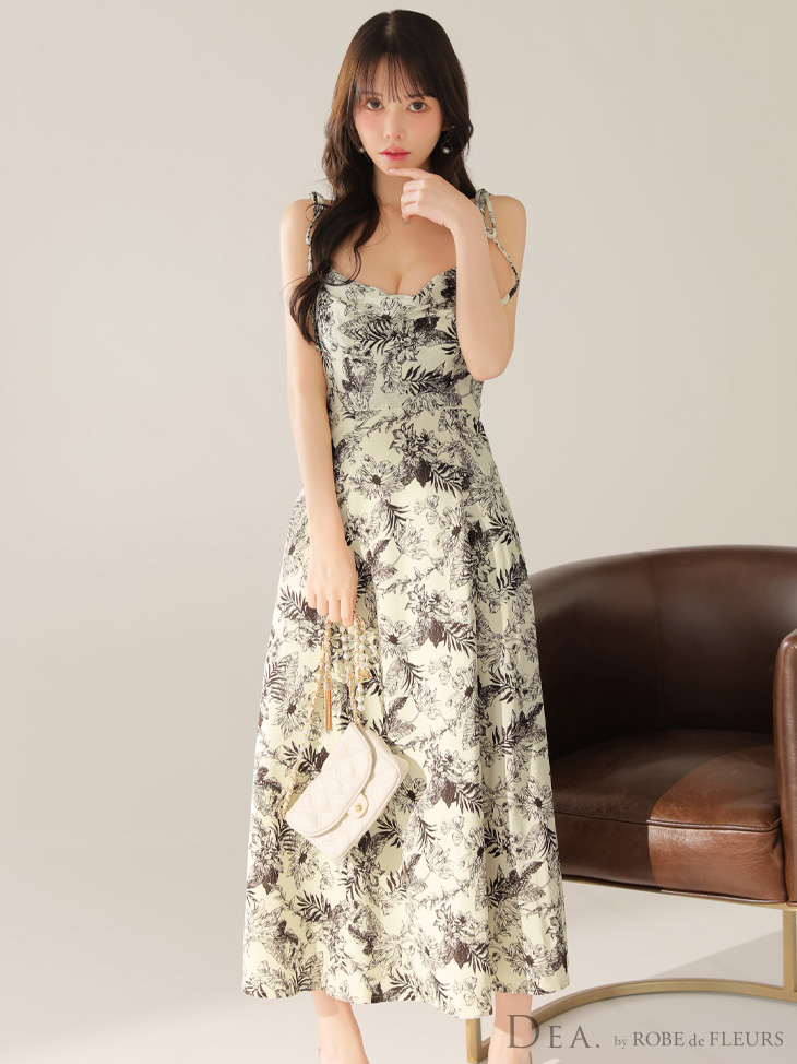 DEA. ディア バイ ローブドフルール 【Lサイズあり】花柄サテンショルダーリボンフレアロングキャバドレス de4603-c