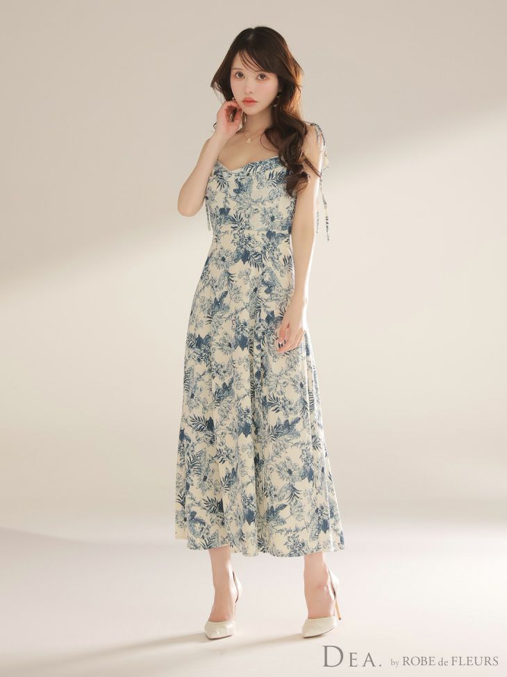 DEA. ディア バイ ローブドフルール 【Lサイズあり】花柄サテンショルダーリボンフレアロングキャバドレス de4603-c
