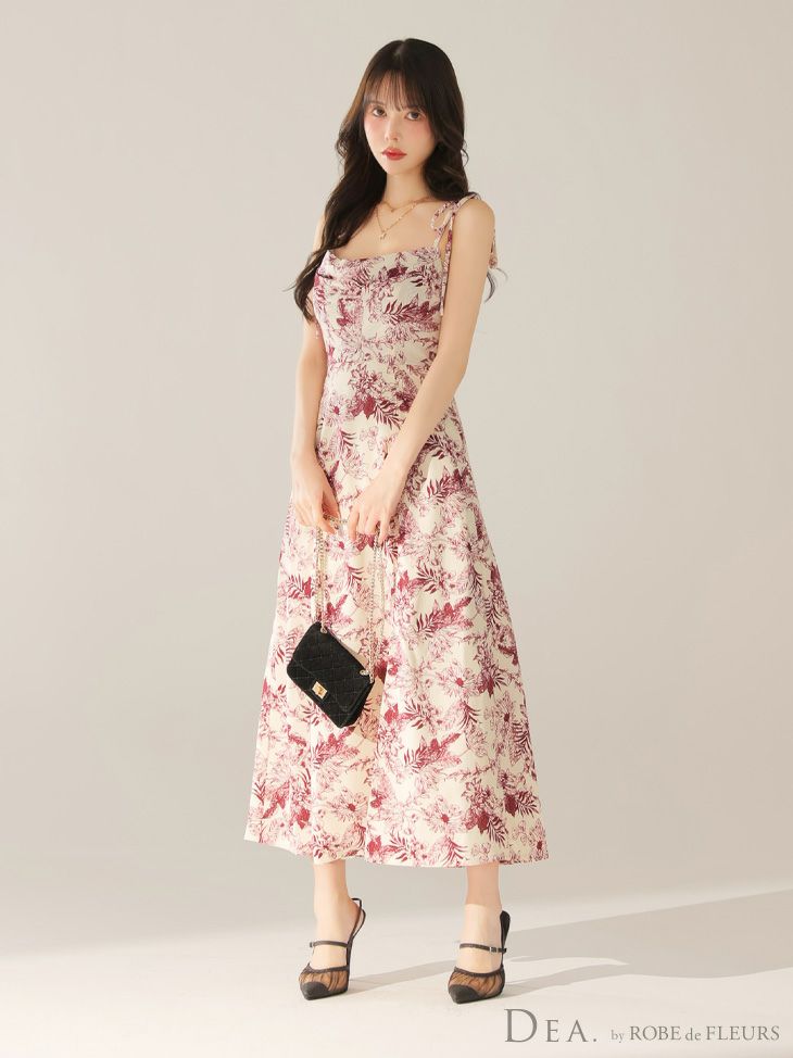 DEA. ディア バイ ローブドフルール 【Lサイズあり】花柄サテンショルダーリボンフレアロングキャバドレス de4603-c