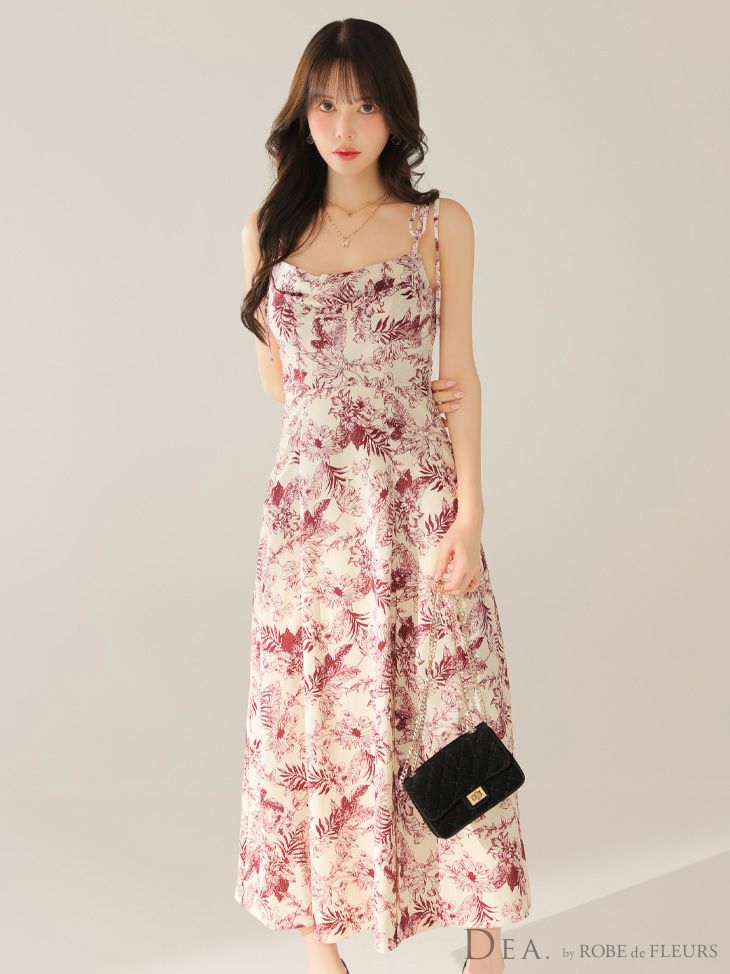 DEA. ディア バイ ローブドフルール 【Lサイズあり】花柄サテンショルダーリボンフレアロングキャバドレス de4603-c