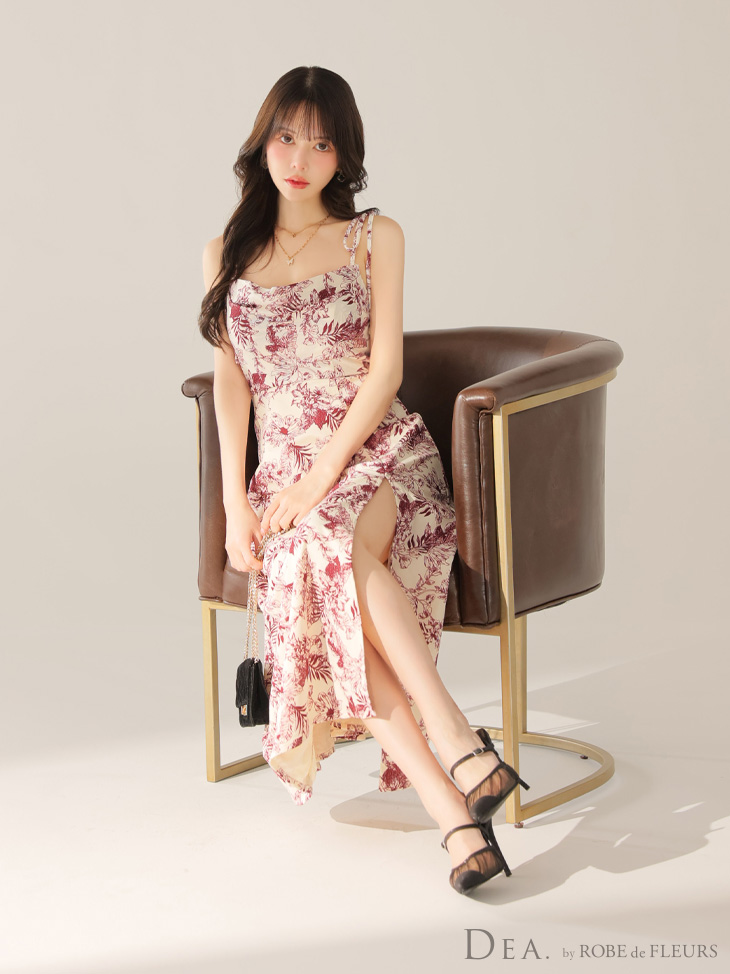 DEA. ディア バイ ローブドフルール 【Lサイズあり】花柄サテンショルダーリボンフレアロングキャバドレス de4603-c