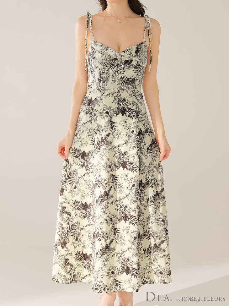 DEA. ディア バイ ローブドフルール 【Lサイズあり】花柄サテンショルダーリボンフレアロングキャバドレス de4603-c