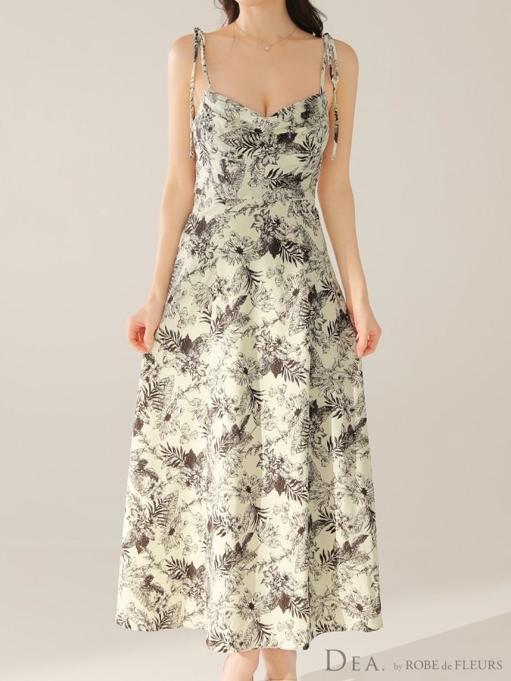 DEA. ディア バイ ローブドフルール 【Lサイズあり】花柄サテンショルダーリボンフレアロングキャバドレス de4603-c