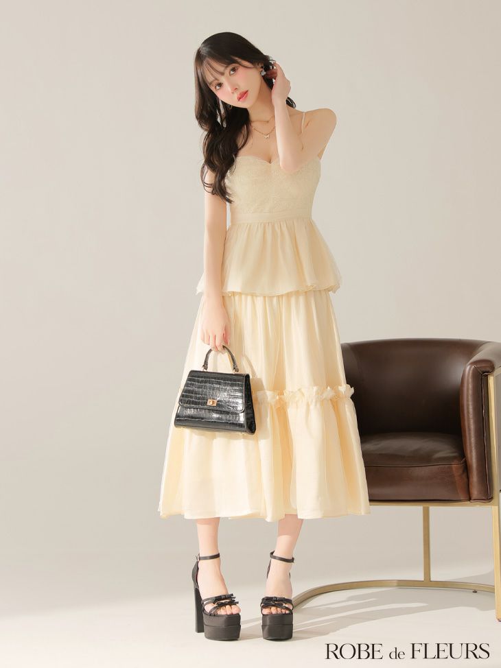 ROBE de FLEURS ローブドフルール 【XS～Lサイズあり】サテンビーズチュールペプラムキャミフレアロングキャバドレス fm4139-c