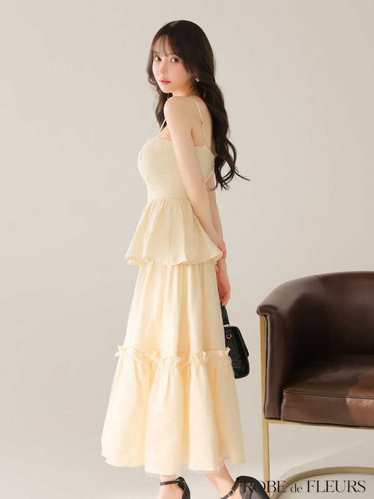 ROBE de FLEURS ローブドフルール 【XS～Lサイズあり】サテンビーズチュールペプラムキャミフレアロングキャバドレス fm4139-c