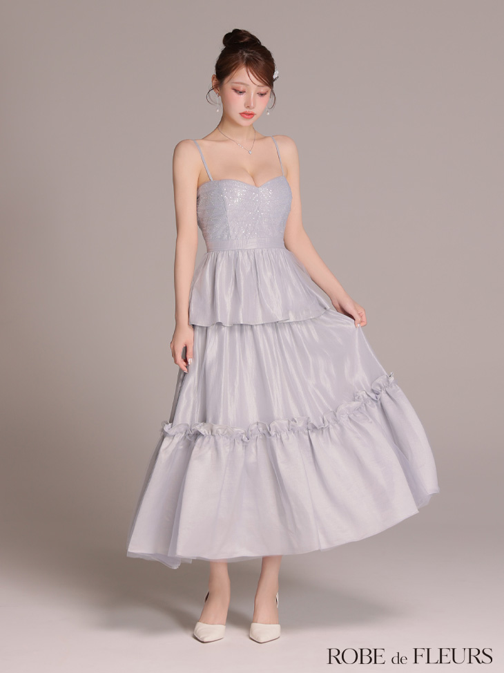 ROBE de FLEURS ローブドフルール 【XS～Lサイズあり】サテンビーズチュールペプラムキャミフレアロングキャバドレス fm4139-c