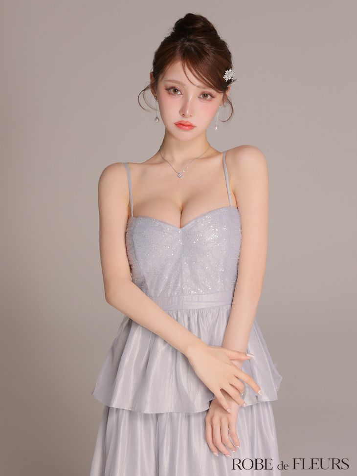ROBE de FLEURS ローブドフルール 【XS～Lサイズあり】サテンビーズチュールペプラムキャミフレアロングキャバドレス fm4139-c