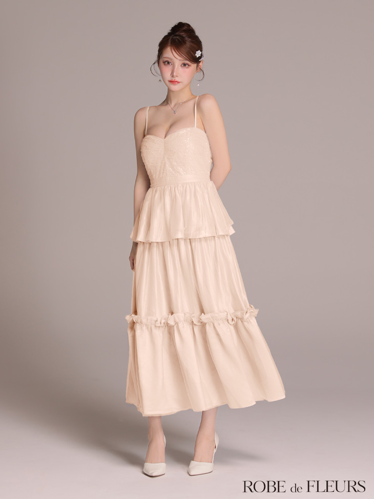 ROBE de FLEURS ローブドフルール 【XS～Lサイズあり】サテンビーズチュールペプラムキャミフレアロングキャバドレス fm4139-c