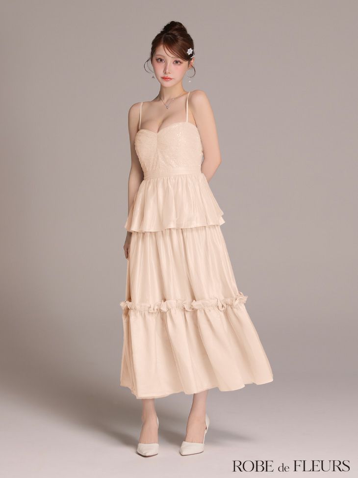 ROBE de FLEURS ローブドフルール 【XS～Lサイズあり】サテンビーズチュールペプラムキャミフレアロングキャバドレス fm4139-c